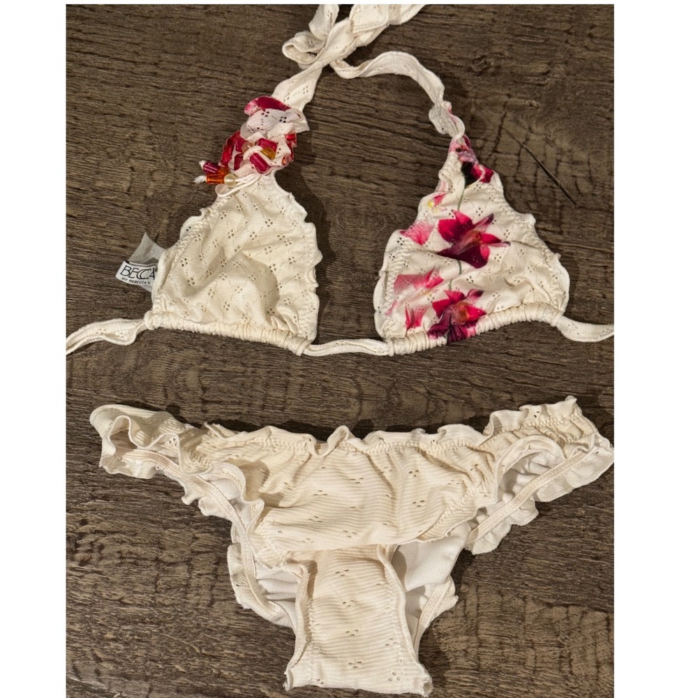 Y2K Ruffle Bikini Set Low Rise Pointelle Floral‎ Triangle Becca Swimsuit Cream S